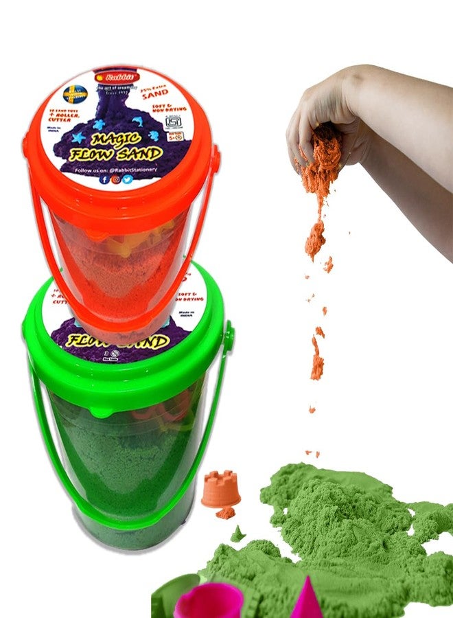 Rabbit Magic Flow 1KG Play Sand Bucket for Kids - Includes 20 Fun Moulds, Roller & Cutter | Soft, Mess-Free Sand for Creative Play & Sensory Fun | Age 5+ (Orange-Green) - Image 5